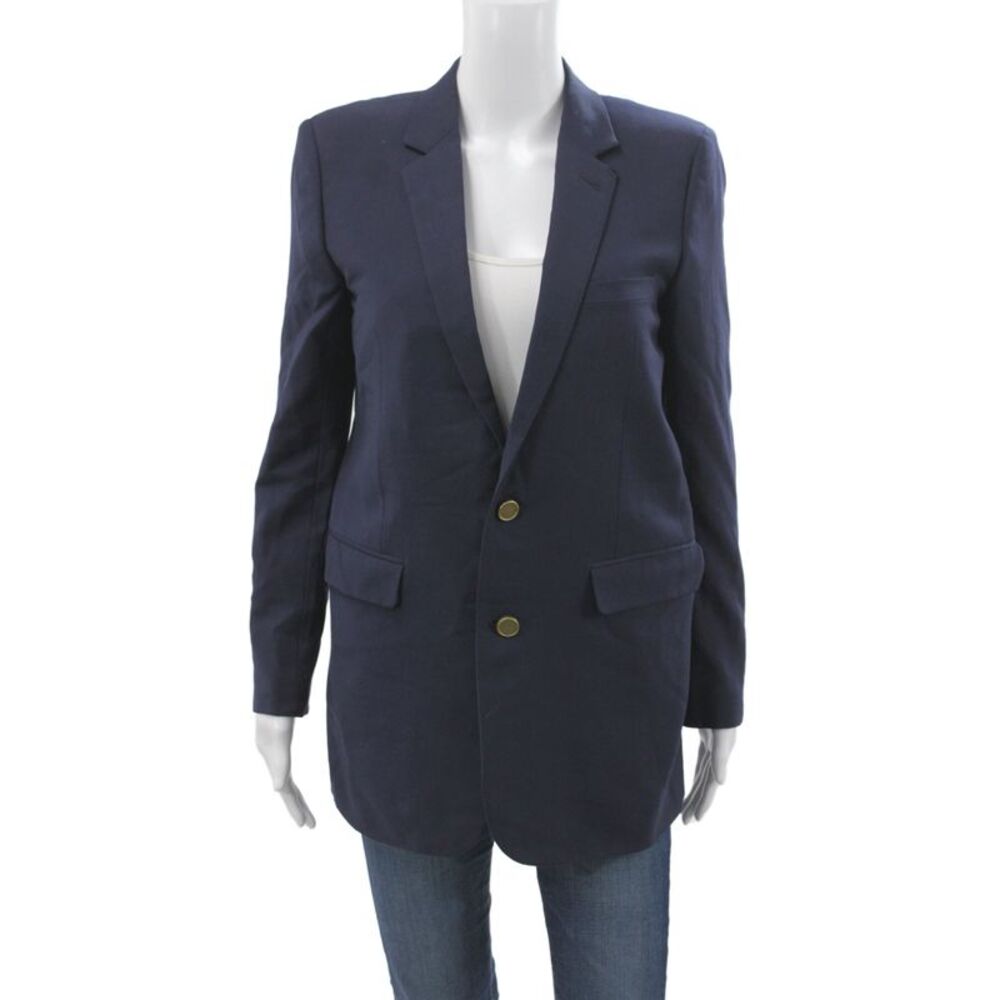 Saint Laurent Women Blazer Dark Blue Virgin Wool Silk Collared Size S